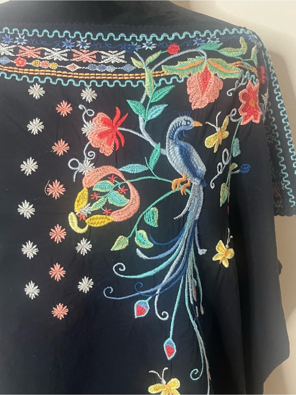 Johnny Was Dahlia Black Embroidered Peacock Floral Split Hem Boho Tunic 3X~NWOT - Picture 3 of 11